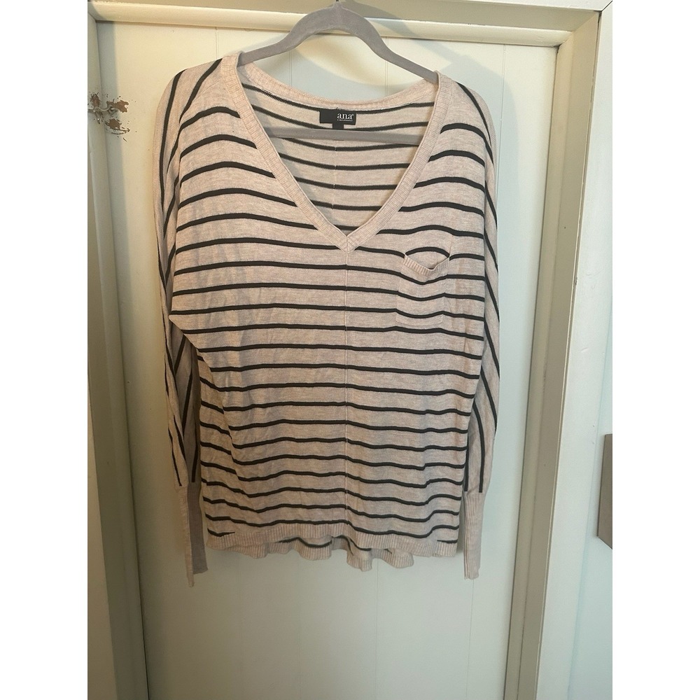 ANA Light SWEATER/TOP, Sz M, BLACK/BEIGE Stripe, Long Sleeves, High-Low Bottom,